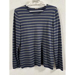 J McLaughlin Shirt Womens Large Navy Blue Green Striped Long Sleeve Top